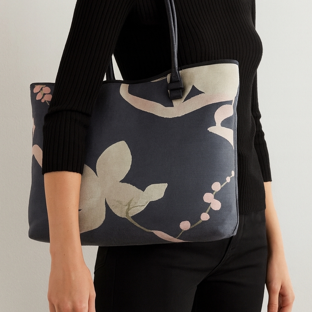 Salvatore Ferragamo Tote Bag Floral Canvas Leather Handle Gray Pink Shoulder Bag